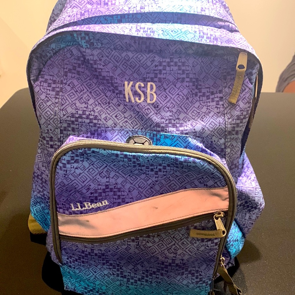 Unisex blue & purple LLBean backpack- initials KSB